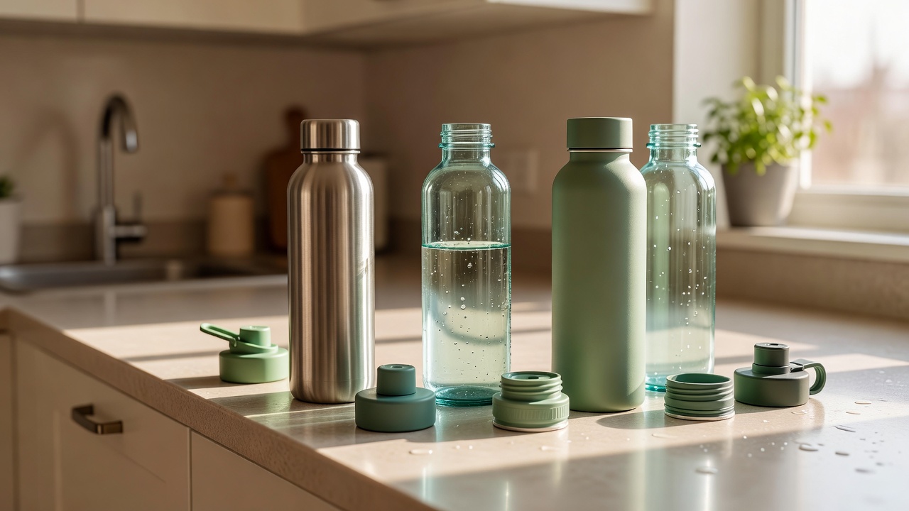 Clean reusable water bottles and separate caps arranged to dry on a household kitchen counter